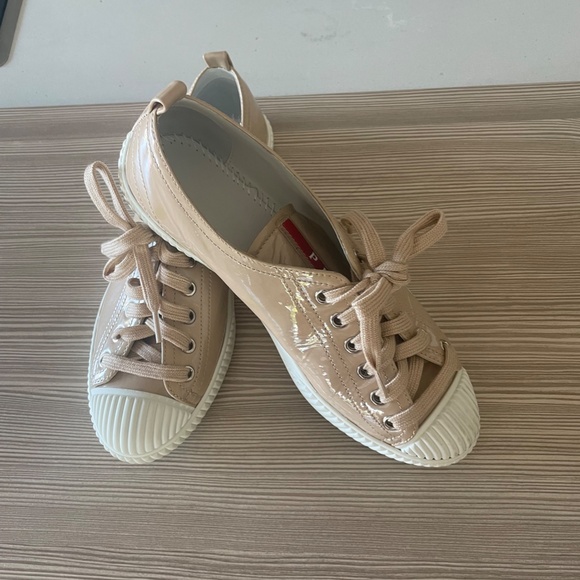 PRADA Beige Powder Patent Leather Sneakers with PRADA Dust Bag - Picture 11 of 16